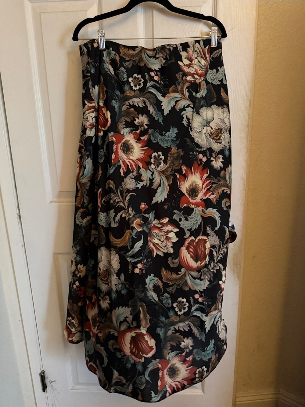 Floral Satin Midi Skirt in Black with Multicolor Bloom